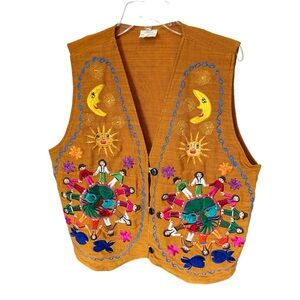 VTG De Colores Women's Vest Sz XL Orange Embroidered South American Colorful